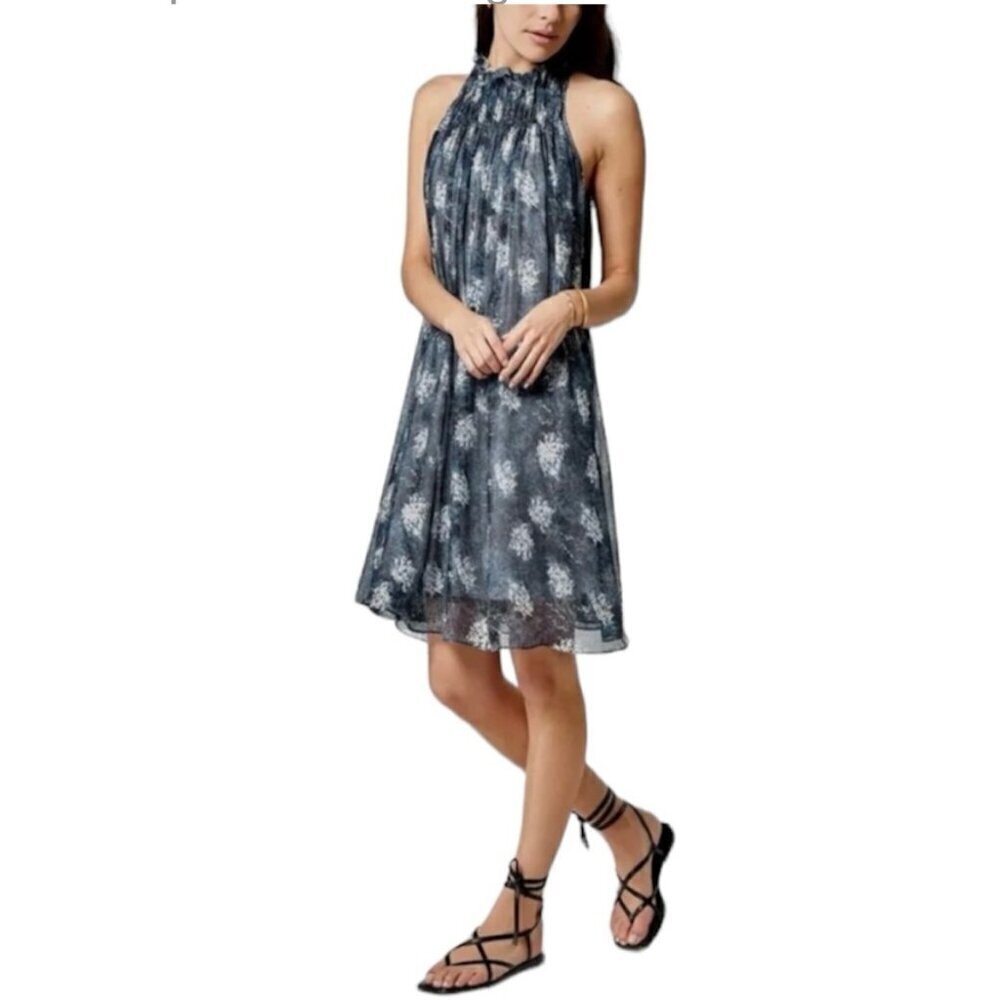 Joie SZL NWT Silky Navy Baltic Print smocked dress Dressy Office Boho Romantic - Picture 2 of 13